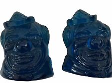 Pair Of VINTAGE BLUE GLASS SMILING CLOWN BOOKENDS BY WHEATON INDUSTRIES picture
