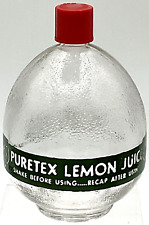 Vintage 6 oz Glass Puretex Lemon Juice Bottle Red Cap Barware Figurative picture