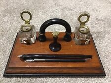 1800's Ebony handled double fitted Inkwells desk tidy, wax seal, 2 fountain pens picture