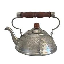 Vintage Ornate Engraved Metal Tea Kettle Silver Tone Brown Wood Handle India  picture