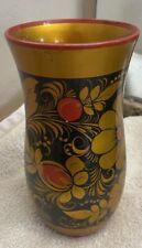 Vintage Soviet Russian Hand Painted Vase USSR Wooden Decoration Gold, Red, Leave picture