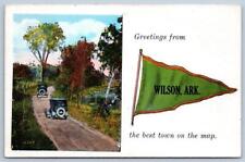 1936 GREETINGS FROM WILSON ARKANSAS BEST TOWN ON MAPVINTAGE PENNANT POSTCARD picture