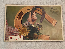 C. 1908 Antique Best Wishes Postcard Horseshoes & Flowers picture