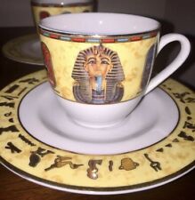 Vintage 24K Gold Overlay Porcelain Egyptian Souvenir Cup & Saucer Set Of 6 RARE picture