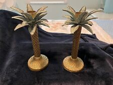 Pair Vintage Palm Tree Leaf Brass Black Taper Candle Stick Holders 8” picture