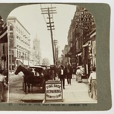 Decatur Illinois Water Street Stereoview c1905 Shoe Store Sign Horse Cart H1225 picture