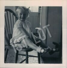 Adorable Young Girl Named Jennifer Smiling in Wooden Chair Vintage Portrait 1955 picture