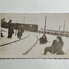 Vintage Snapshot Photograph Beautiful Women Having Snowball Fight Train Tracks picture