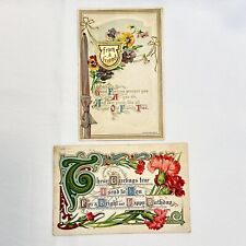 2 Antique 1909 - 1910 Postcards Embossed Victorian Flower Ribbon Friend Birthday picture