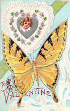 1910 Butterfly Under Lace Heart Embossed Valentine Postcard picture