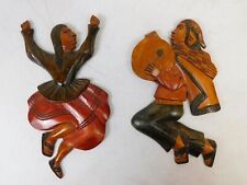 Primitive Folk Art Wall Hanging Carved Wooden Figurines Dancing Old World Couple picture