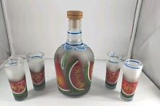 Mexican Hand Painted Decanter & Set 4 Shot Glasses 9