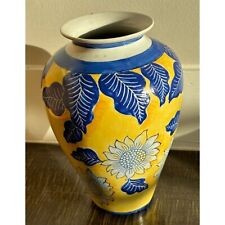 Vintage Chinese Hand Painted Cobalt Vase Art Blue Yellow Sunflower Floral picture