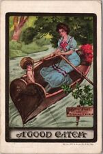 1910 VALENTINE'S DAY Postcard Cupid in Boat w/ Girl 