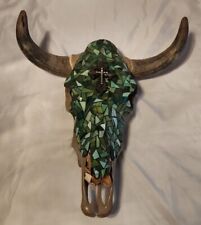 Beautiful Skull Western Steer With Mosaic Green Stones & Metal Cross Wall Decor picture