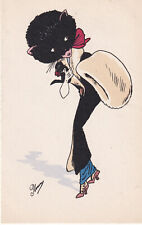 19??-VINTAGE ART NOUVEAU OLD PC-SIGNED-PLUM-A PARISIAN WOMAN LIKE A BLACK CAT picture