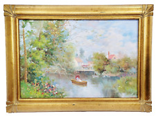 Vintage FRENCH IMPRESSIONISTIC Framed OIL PAINTING Lake Town LADY PARASOL Boat picture