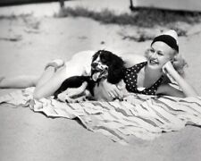 Jean Harlow lying on beach in swimsuit with her dog 8x10 inch photo picture
