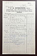 1939 J. A. Symonds, Chemist, 16 Upper Brook St & Butter St, Ipswich Invoice picture