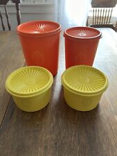 4 Vintage TUPPERWARE ORANGE & YELLOW Retro Servalier Lid Stacking Canister picture