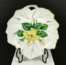 Vintage Yellow Hibiscus Flower Leaf Shape Porcelain Trinket Dish - Japan picture