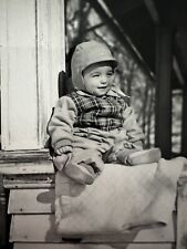 Photograph Little Boy Bundled Up Front Porch Black & White Snapshot picture