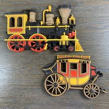 Set of 2 - 1975 HOMCO Train Engine & Stage Coach Plastic Wall Art Décor Plaque picture