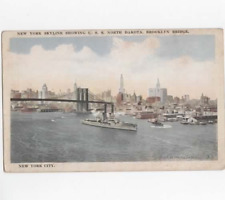 USS North Dakota  1908 postcard  NY Skyline Showing USS ND Brooklyn Bridge picture