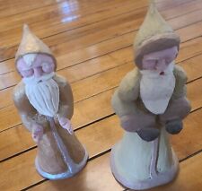 2 VTG Wood Carved Father Christmas Santa PAIR 9-9.5 Inch Tall Green Gold picture