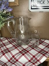 Vintage Etched Glass Pitcher And Glass picture