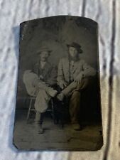 Antique 'Two Cowboys Sitting' Collectible Portrait Tintype Plate Photograph picture