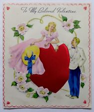 Vtg Valentine Card-LOVELY COUPLE-LADY SITTING ON A HEART-SHAPED SATIN RED PILLOW picture