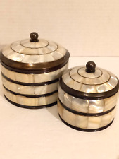 Mother Of Pearl & Bronze Round Boxes Set/2 Decorative Trinket picture