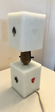 ANTIQUE HOUZE MILK GLASS BOUDOIR CUBE TABLE LAMP PLAYING CARD SUITS WORKS picture