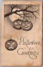 Postcard Halloween Greetings-Three Pumpkins Hanging From Tree-Jack O Lantern Fp picture