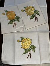 3 Vintage Irish Linen Tea Towels 24x 15 Embroidered Yellow Roses picture