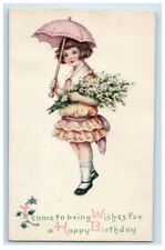 c1910's Birthday Greetings Girl Umbrella Flowers Winsch Back Antique Postcard picture