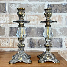 Vintage Set Brass & Glass Candleholders Pair Hollywood Regency Pedestal L&L picture