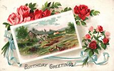 Vintage Postcard Happy Birthday Greetings Card Red Roses Flowers House Grasses picture