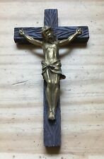 VTG 1920s Carved Wood Crucifix Brass Catholic Christianity Jesus Wall Hanging 6