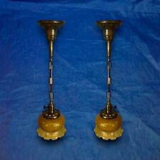 Wired Pair Antique Pendant Light Fixtures Rare Amber Globes Shades 3M picture