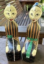 VTG Javanese Batik Newlywed Statuette Pair Hand Carved And Hand Painted Wood 6” picture