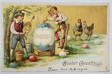 Easter Greetings Boys Painting Eggs Hens Watching Embossed c1910 Postcard U18 picture