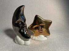 Silver Moon Gold Star Anthropomorphic Salt Pepper Shakers Ceramic Vintage 1980 picture