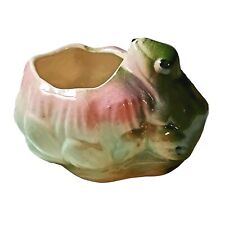 Small Vintage Frog Planter Green Pink Lotus Flower  picture