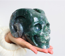2.8LB Natural moss agate Hand Carved Quarzt Crystal Skull Reiki heal picture