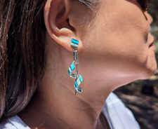 Native American Jewelry Zuni Spiral Ribbon Turquoise Opal Inlay Dangle Earrings picture