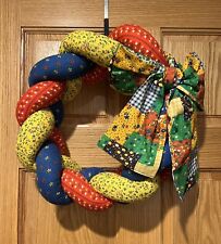 70’s VTG Christmas Braided Puffy Patchwork Wreath Fabric 17” Red Yellow Blue picture