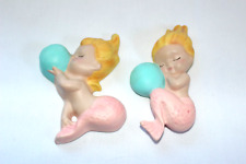 Set of 2 Vintage Unmarked Ceramic Mermaid Bathroom Wall Plaques Bubbles picture
