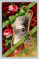 Postcard Floral Greeting w/ Farmhouse & Roses, Antique G6 picture